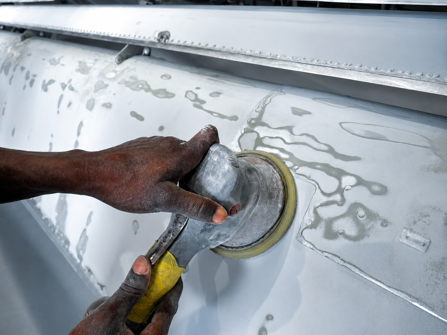 Technician sanding an aircraft fuselage during surface preparation
